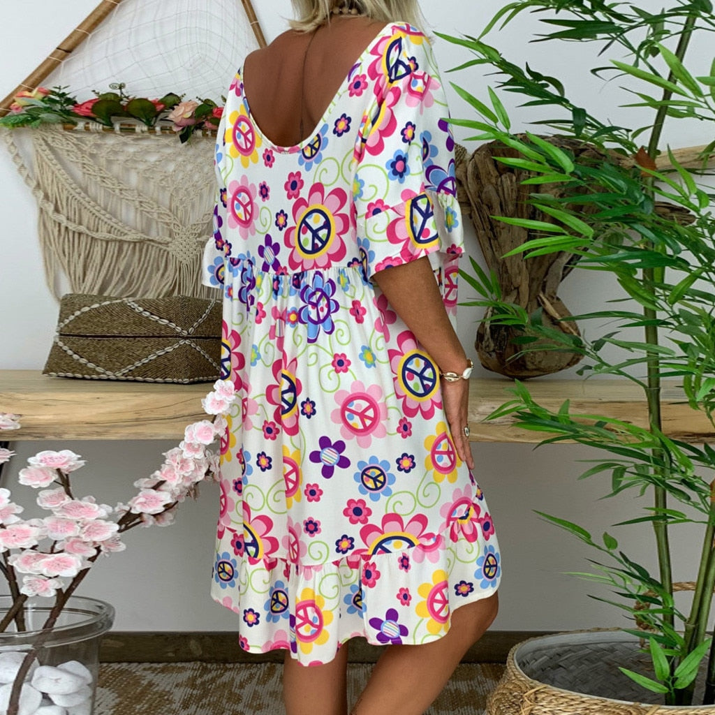 Bohemian Loose Flower Print Short-Sleeved Ruffled Summer Mini Dress