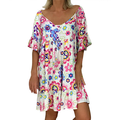 Bohemian Loose Flower Print Short-Sleeved Ruffled Summer Mini Dress