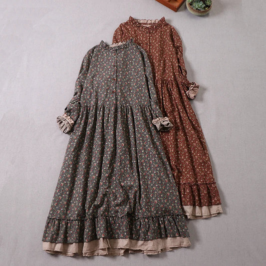 Japanese Mori Girl Art Print Dress Pretty Cotton Linen Spring Women New Floral Dress Loose Long-Sleeved Dress Midi Dress