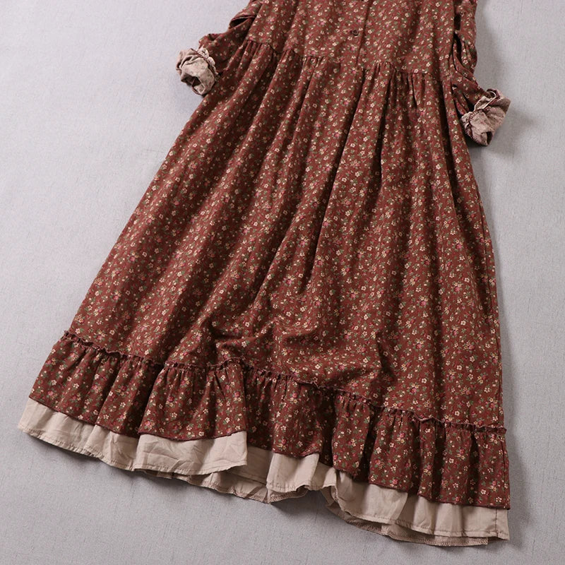 Japanese Mori Girl Art Print Dress Pretty Cotton Linen Spring Women New Floral Dress Loose Long-Sleeved Dress Midi Dress