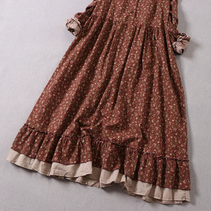 Japanese Mori Girl Art Print Dress Pretty Cotton Linen Spring Women New Floral Dress Loose Long-Sleeved Dress Midi Dress