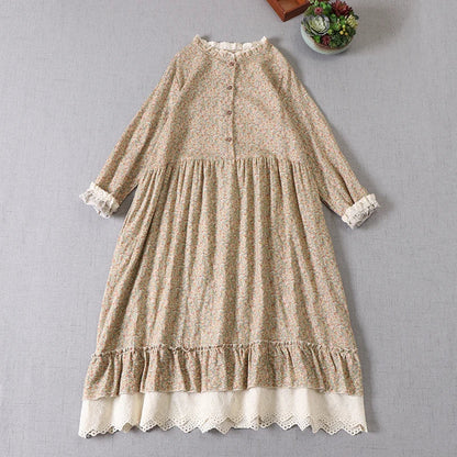 Japanese Mori Girl Art Print Dress Pretty Cotton Linen Spring Women New Floral Dress Loose Long-Sleeved Dress Midi Dress