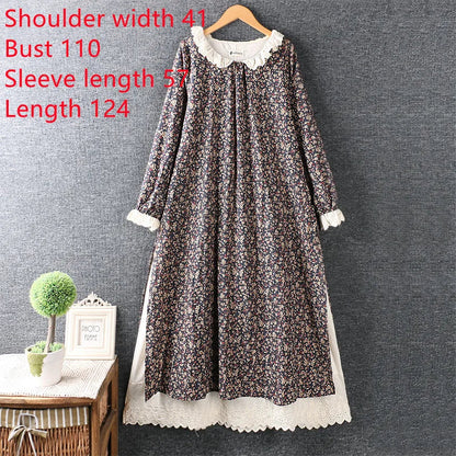 Japanese Mori Girl Art Print Dress Pretty Cotton Linen Spring Women New Floral Dress Loose Long-Sleeved Dress Midi Dress