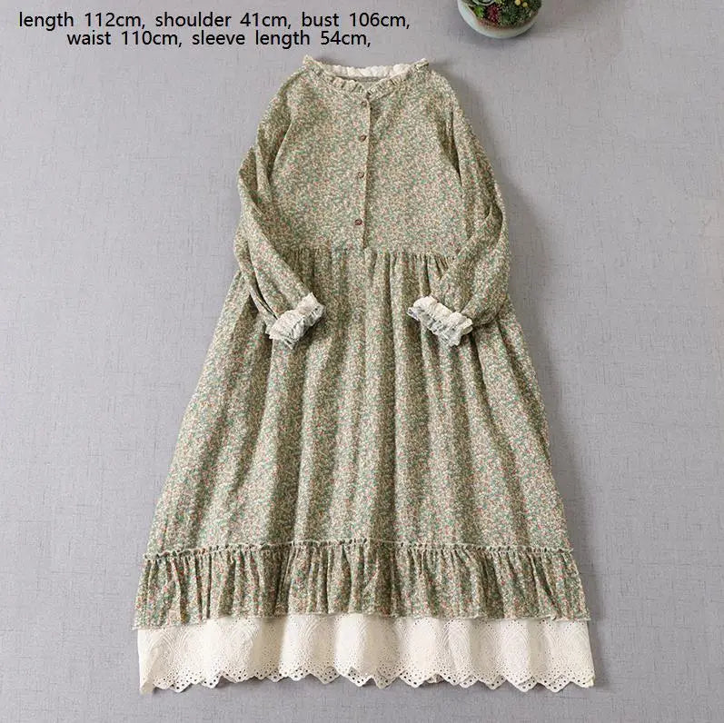 Japanese Mori Girl Art Print Dress Pretty Cotton Linen Spring Women New Floral Dress Loose Long-Sleeved Dress Midi Dress