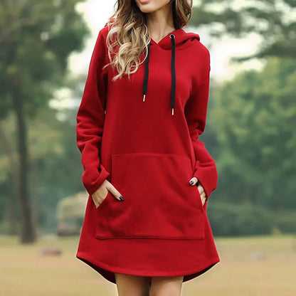 Casual Loose Solid Women Hoodies Long Style Sweatshirt Casual Pocket Oversized Hoodie Kpop Hoody Dress Pullover