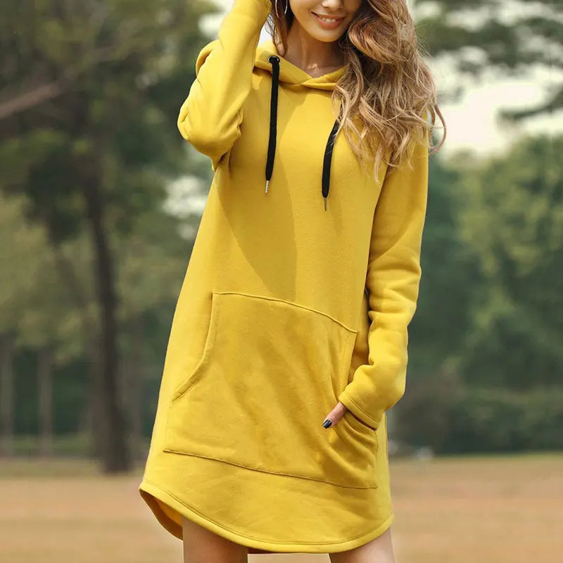 Casual Loose Solid Women Hoodies Long Style Sweatshirt Casual Pocket Oversized Hoodie Kpop Hoody Dress Pullover