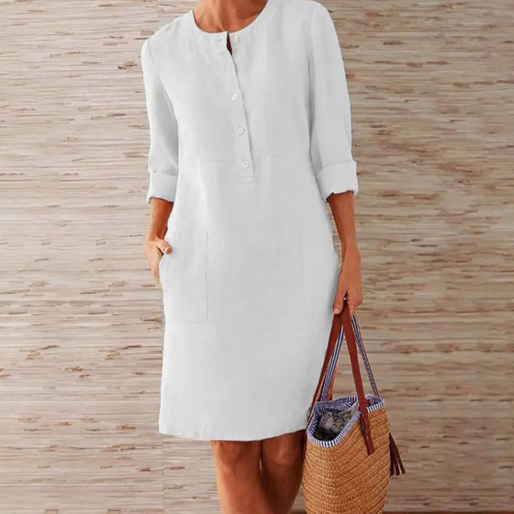 Women Casual Soild Long Sleeve Cotton And Linen Tunic Dress Vintage Straight Dress Long Sleeve Oversized Mini Dress
