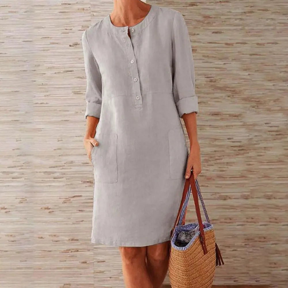 Women Casual Soild Long Sleeve Cotton And Linen Tunic Dress Vintage Straight Dress Long Sleeve Oversized Mini Dress