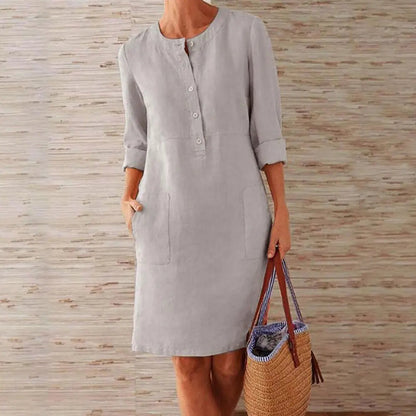 Women Casual Soild Long Sleeve Cotton And Linen Tunic Dress Vintage Straight Dress Long Sleeve Oversized Mini Dress