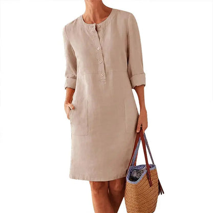 Women Casual Soild Long Sleeve Cotton And Linen Tunic Dress Vintage Straight Dress Long Sleeve Oversized Mini Dress