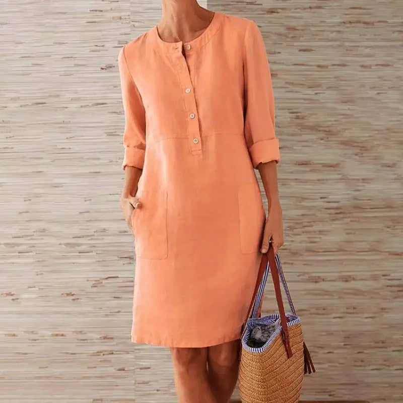 Women Casual Soild Long Sleeve Cotton And Linen Tunic Dress Vintage Straight Dress Long Sleeve Oversized Mini Dress
