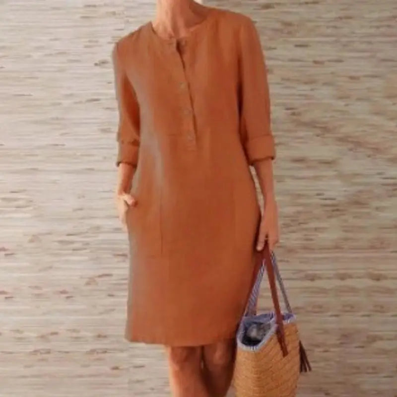 Women Casual Soild Long Sleeve Cotton And Linen Tunic Dress Vintage Straight Dress Long Sleeve Oversized Mini Dress