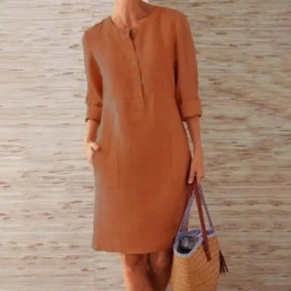 Women Casual Soild Long Sleeve Cotton And Linen Tunic Dress Vintage Straight Dress Long Sleeve Oversized Mini Dress
