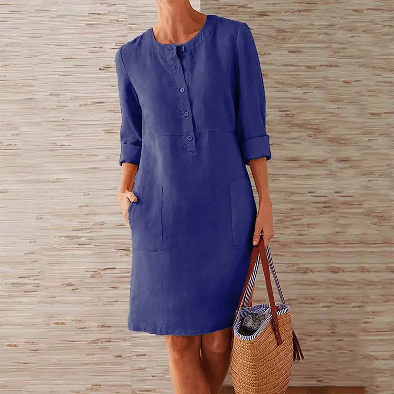 Women Casual Soild Long Sleeve Cotton And Linen Tunic Dress Vintage Straight Dress Long Sleeve Oversized Mini Dress