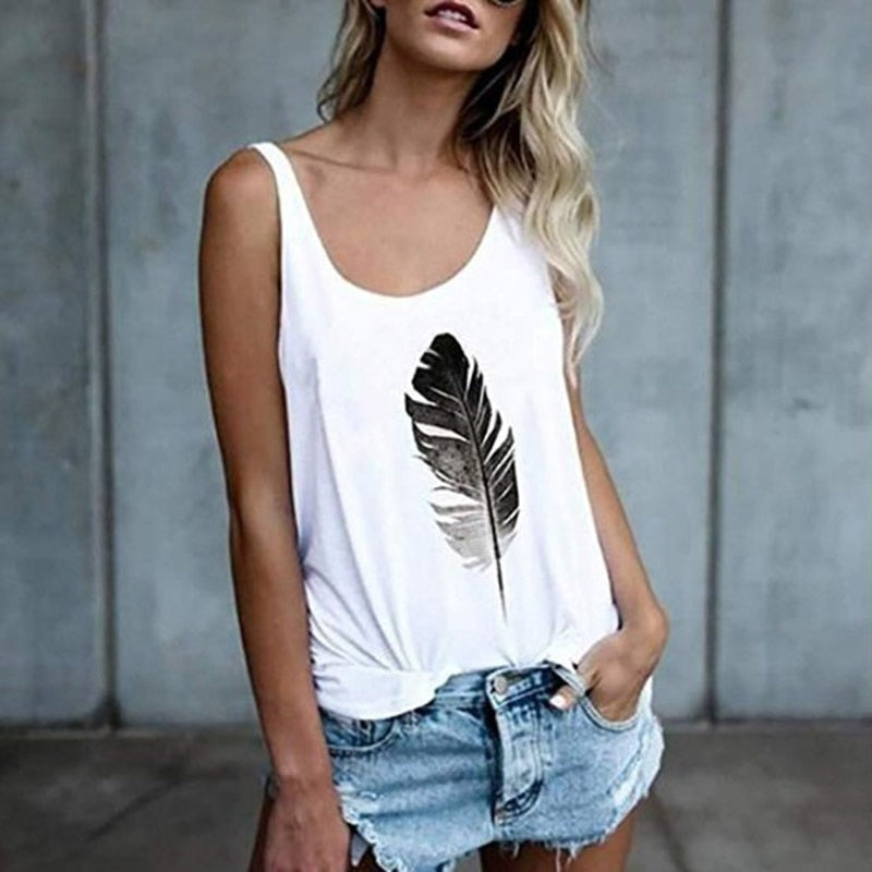 Women'S Casual Sleeveless O-Neck Pullover Feather Print Tank Top Loose Vest T-Shirt