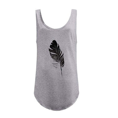 Women'S Casual Sleeveless O-Neck Pullover Feather Print Tank Top Loose Vest T-Shirt