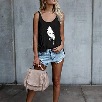 Women'S Casual Sleeveless O-Neck Pullover Feather Print Tank Top Loose Vest T-Shirt