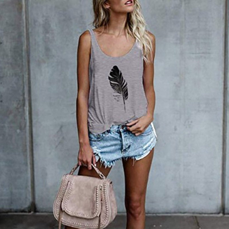 Women'S Casual Sleeveless O-Neck Pullover Feather Print Tank Top Loose Vest T-Shirt