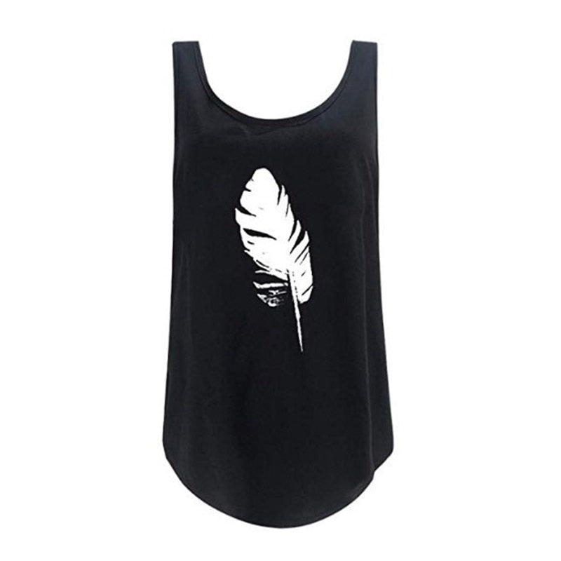 Women'S Casual Sleeveless O-Neck Pullover Feather Print Tank Top Loose Vest T-Shirt