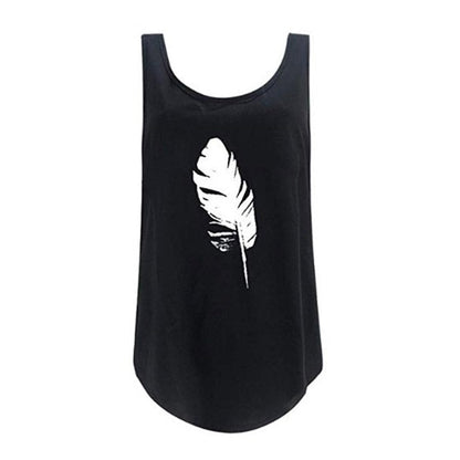 Women'S Casual Sleeveless O-Neck Pullover Feather Print Tank Top Loose Vest T-Shirt