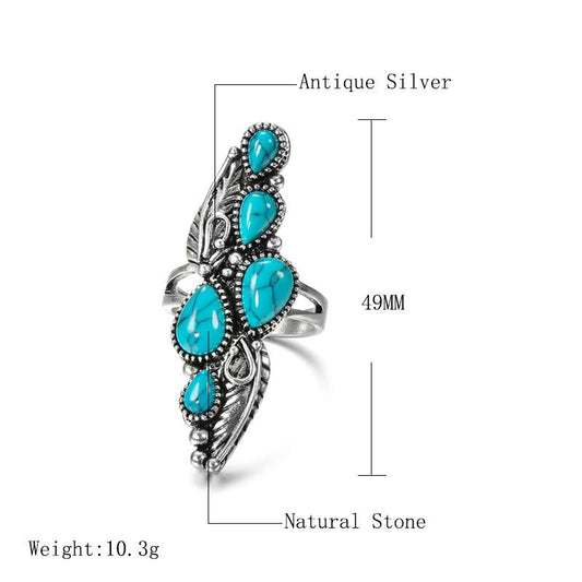 Tibetan Natural Stone Big Ring For Women Vintage Jewelry Ethnic Style Tibetan Silver Carved Pattern Wedding Party Big Rings