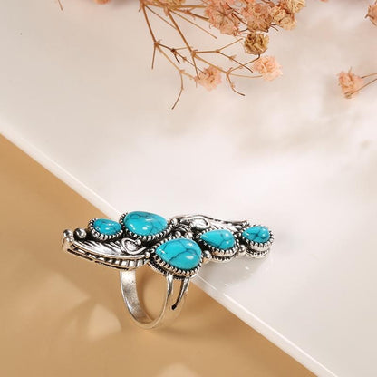 Tibetan Natural Stone Big Ring For Women Vintage Jewelry Ethnic Style Tibetan Silver Carved Pattern Wedding Party Big Rings