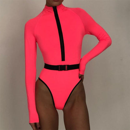 Long Sleeve Rash Guard Women Solid One Piece Swimsuit Fluorescent Green Swimwear Zipper Surfing Suit Belt Bath Suit Uv Protect