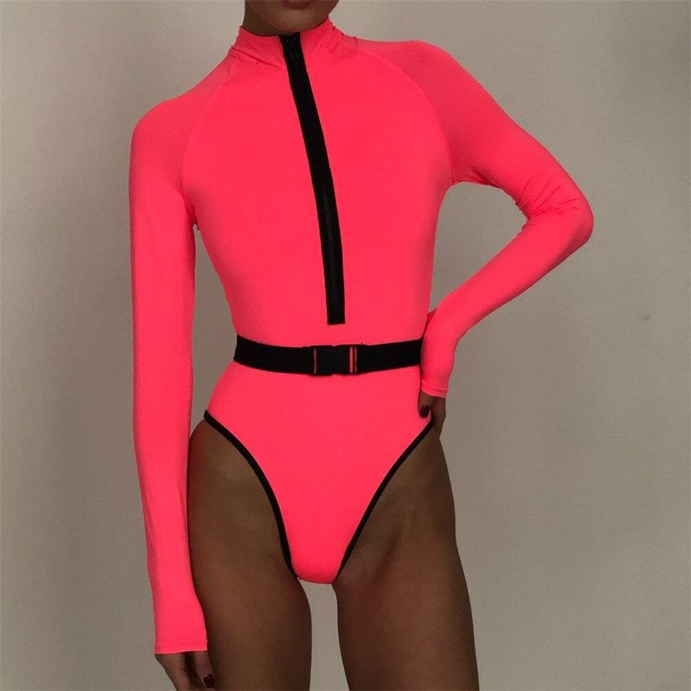 Long Sleeve Rash Guard Women Solid One Piece Swimsuit Fluorescent Green Swimwear Zipper Surfing Suit Belt Bath Suit Uv Protect
