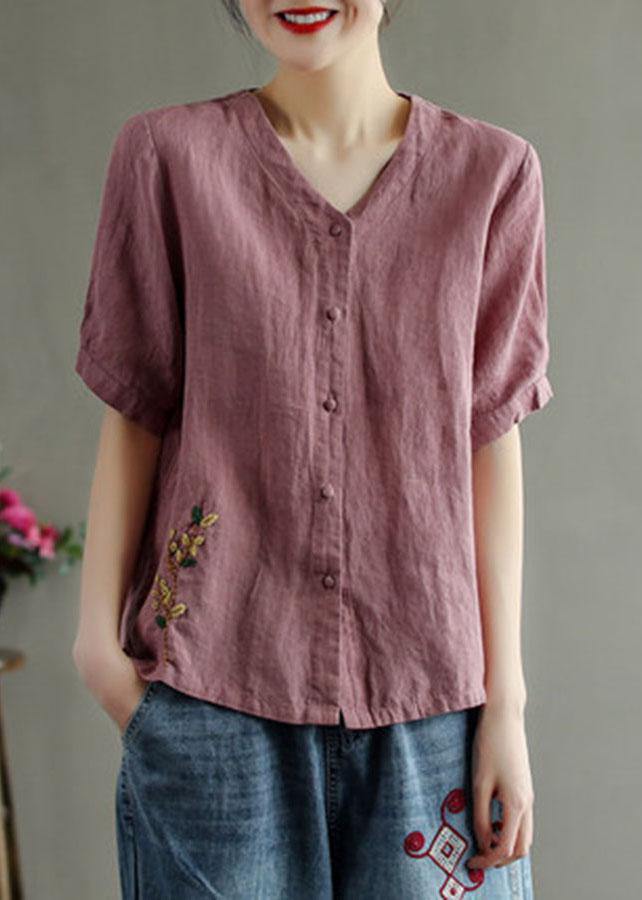 Loose Pink V Neck Embroideried Floral Summer cotton blend Shirt
