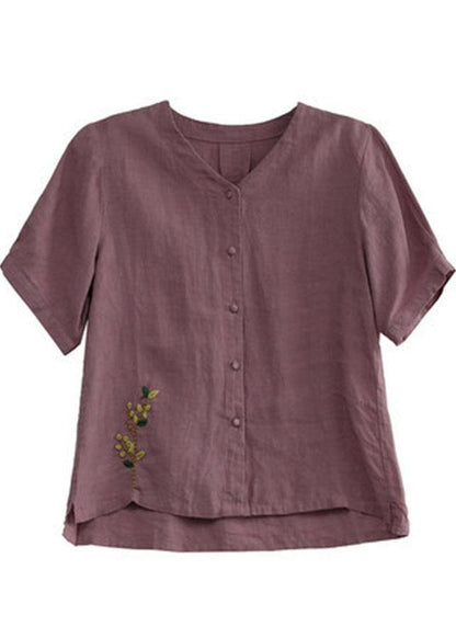 Loose Pink V Neck Embroideried Floral Summer cotton blend Shirt