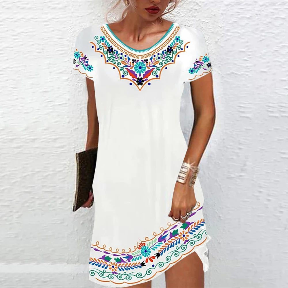 M-3Xl Vintage Elegant Ethnic Dress For Women 2023 Summer Loose Bohemian Beach Midi Dress Casual Female Clothing Pullover Skirt
