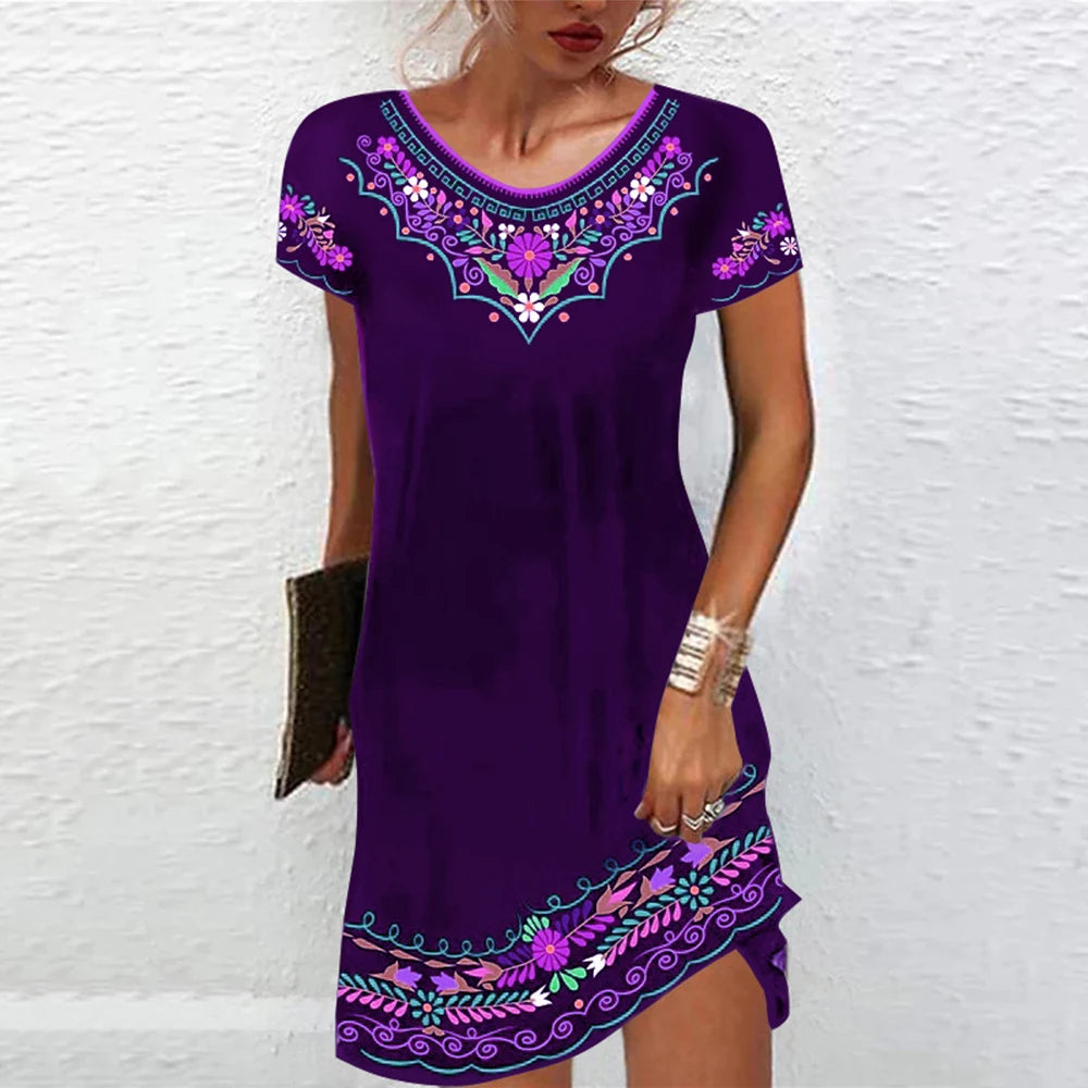 M-3Xl Vintage Elegant Ethnic Dress For Women 2023 Summer Loose Bohemian Beach Midi Dress Casual Female Clothing Pullover Skirt