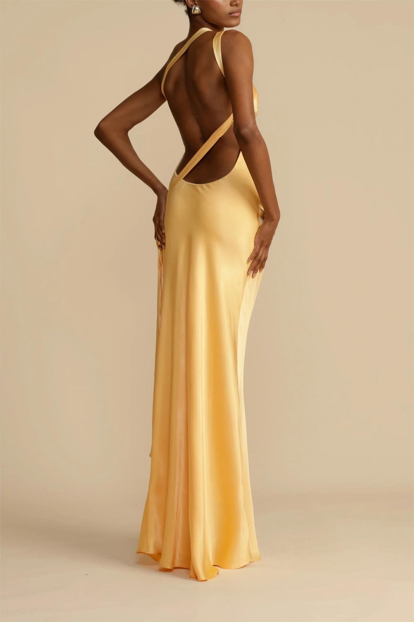 Satin Asymmetrical One Shoulder Backless Maxi Dress Yellow