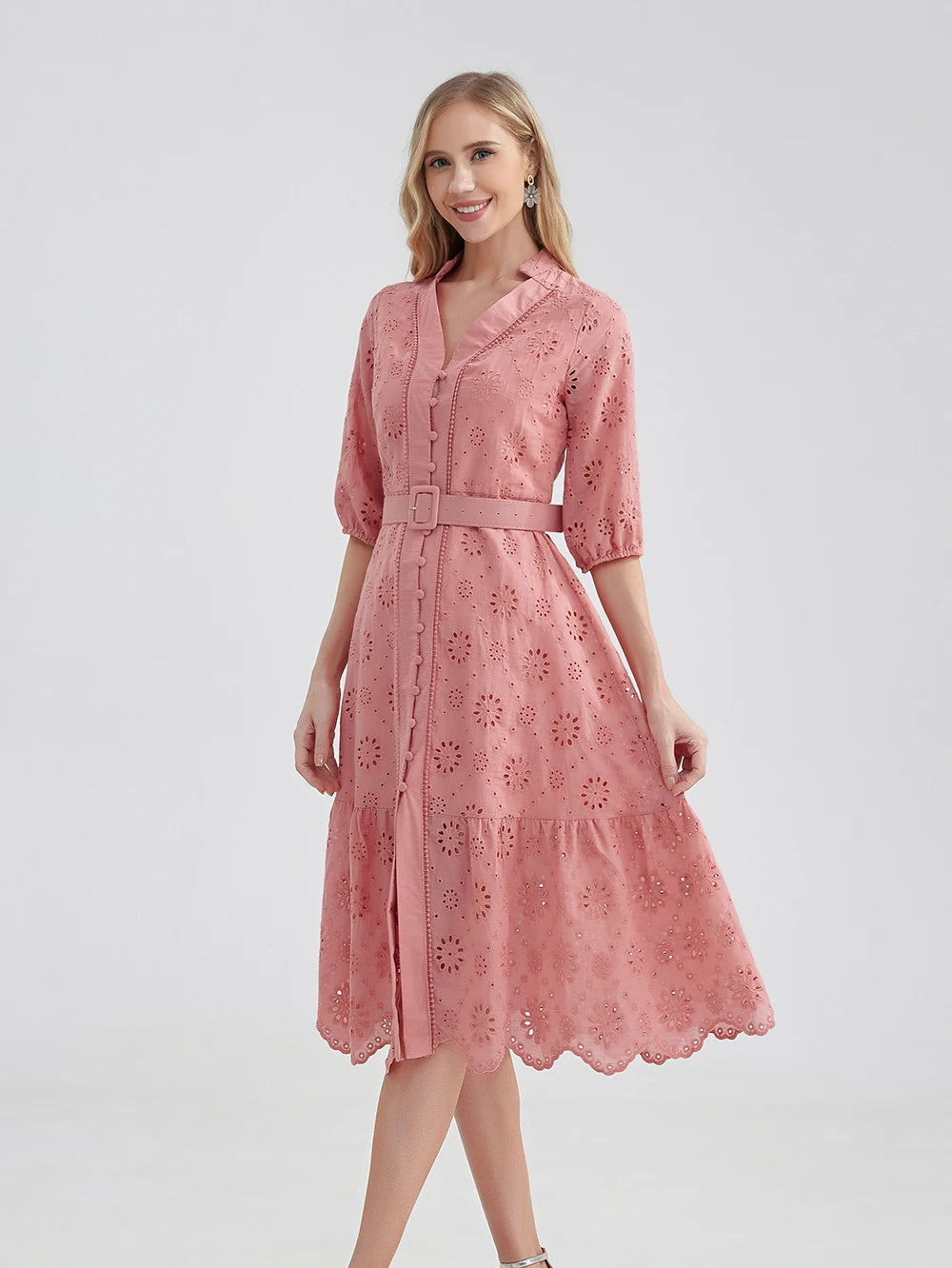 Marwin Cotton Hollow Out Summer Dress Women Holiday Perppy Casual High Waist Ruffled Mini V-Neck Dresses A-Line Frills Vestido