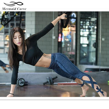 Mermaid Curve Women Gym Compression Tights Sport T Shirt Fitness Women Back Hollow Out Yoga Tops Outdoor Running T-Shirts