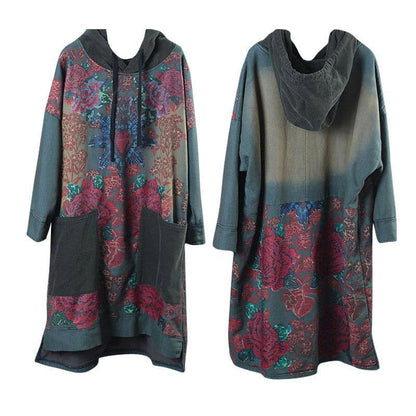Modern Green Print Cotton Clothes Hooded Drawstring Art Dress