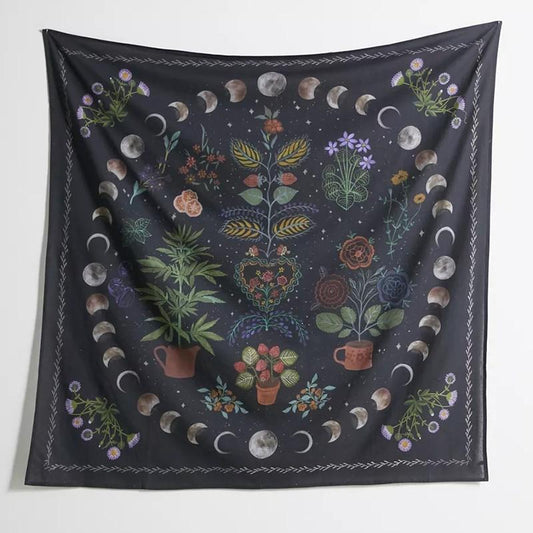 Moon Phase Tapestry Wall Hanging Botanical Celestial Floral Wall Tapestry Hippie Flower Wall Carpets Dorm Decor Starry Skycarpet