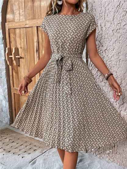 Msfilia Summer Print Pleated A Line Long Dress Women Short Sleeve High Waist Spring Round Neck Chic Dress With Belt