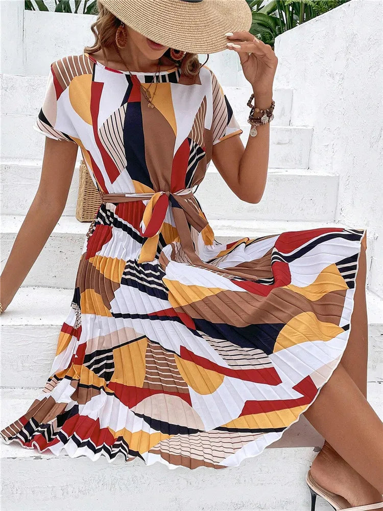 Msfilia Summer Print Pleated A Line Long Dress Women Short Sleeve High Waist Spring Round Neck Chic Dress With Belt