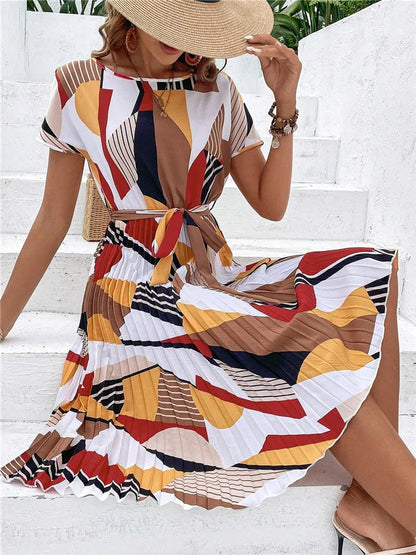 Msfilia Summer Print Pleated A Line Long Dress Women Short Sleeve High Waist Spring Round Neck Chic Dress With Belt