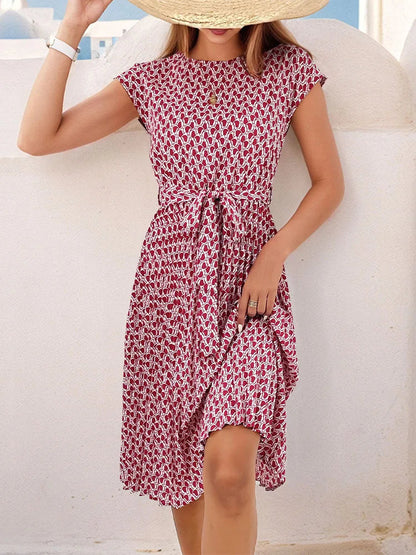 Msfilia Summer Print Pleated A Line Long Dress Women Short Sleeve High Waist Spring Round Neck Chic Dress With Belt