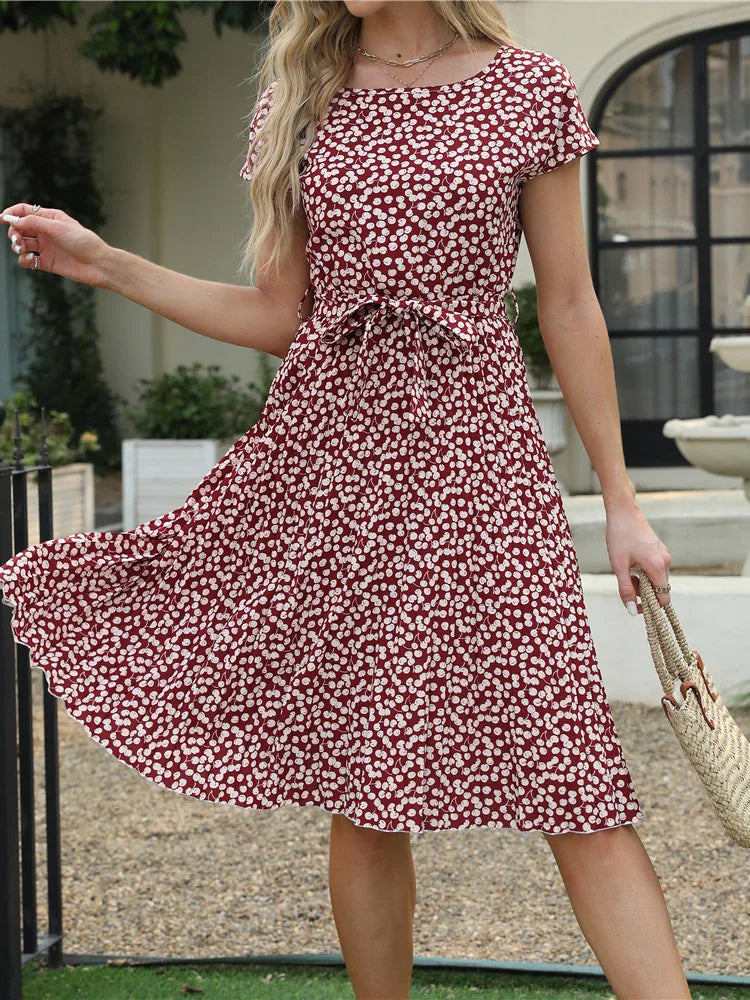 Msfilia Summer Print Pleated A Line Long Dress Women Short Sleeve High Waist Spring Round Neck Chic Dress With Belt