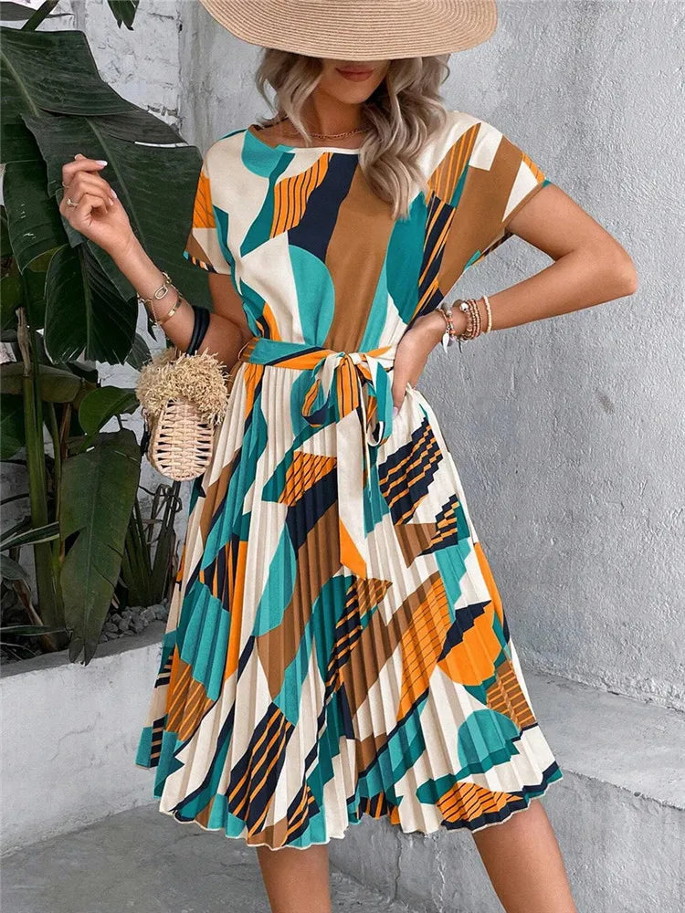 Msfilia Summer Print Pleated A Line Long Dress Women Short Sleeve High Waist Spring Round Neck Chic Dress With Belt