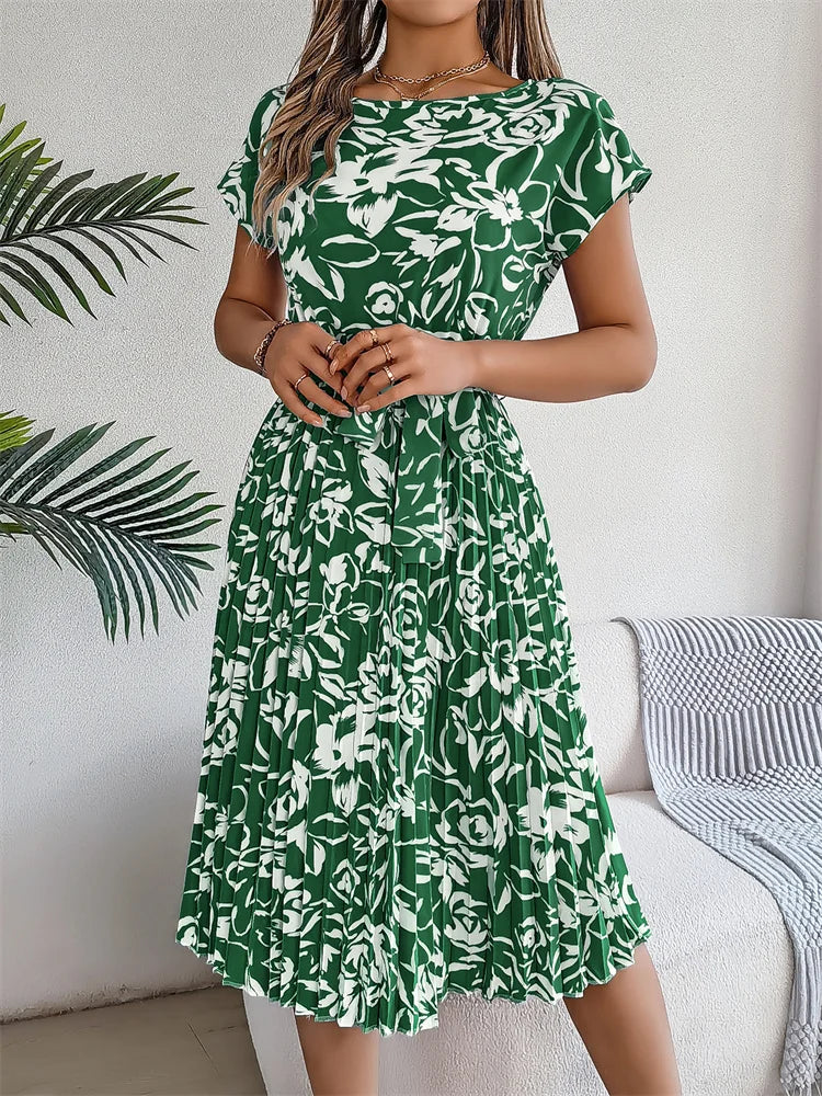 Msfilia Summer Print Pleated A Line Long Dress Women Short Sleeve High Waist Spring Round Neck Chic Dress With Belt