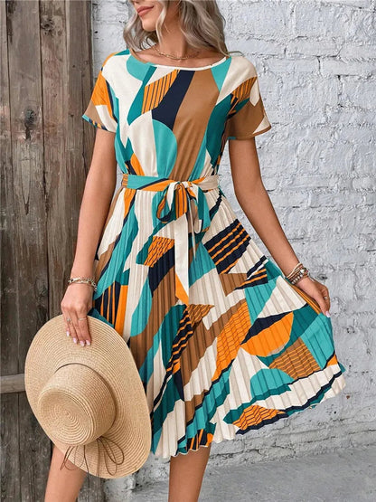 Msfilia Summer Print Pleated A Line Long Dress Women Short Sleeve High Waist Spring Round Neck Chic Dress With Belt