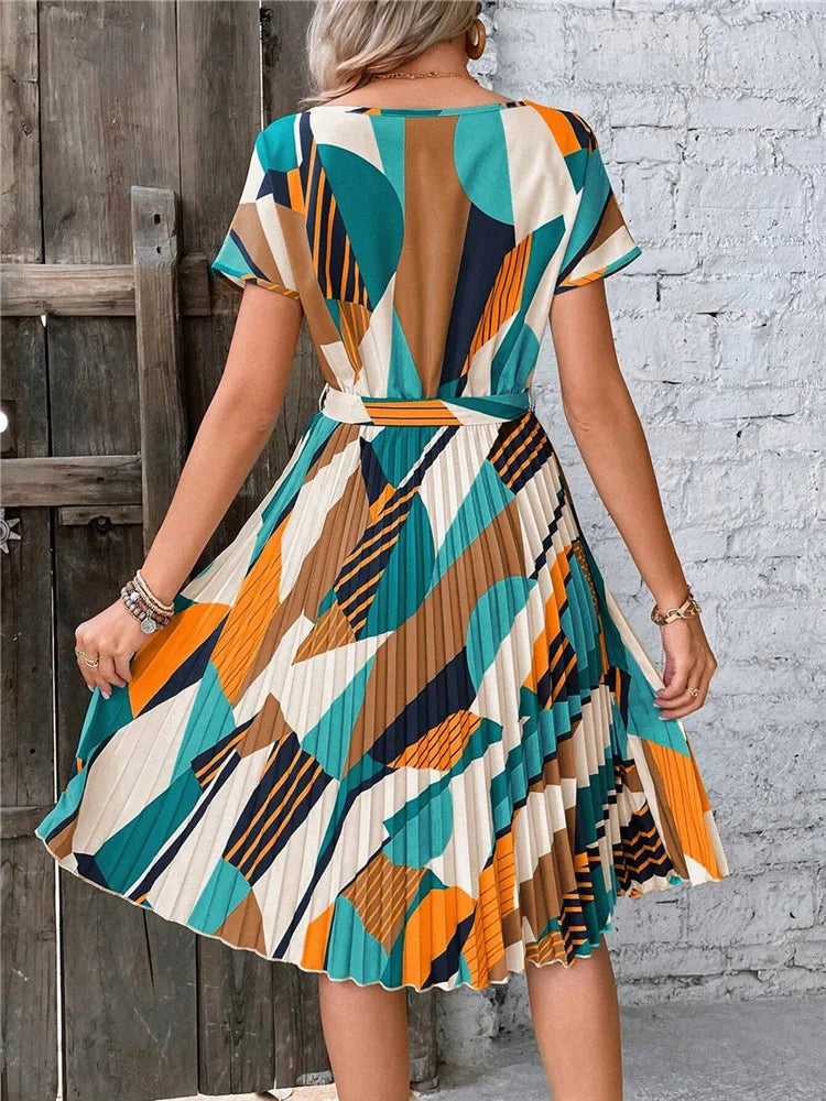 Msfilia Summer Print Pleated A Line Long Dress Women Short Sleeve High Waist Spring Round Neck Chic Dress With Belt
