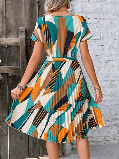 Msfilia Summer Print Pleated A Line Long Dress Women Short Sleeve High Waist Spring Round Neck Chic Dress With Belt