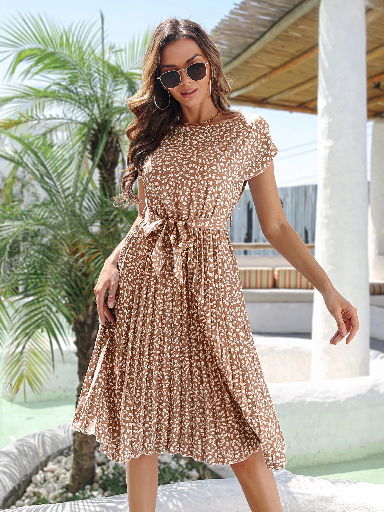 Msfilia Summer Print Pleated A Line Long Dress Women Short Sleeve High Waist Spring Round Neck Chic Dress With Belt