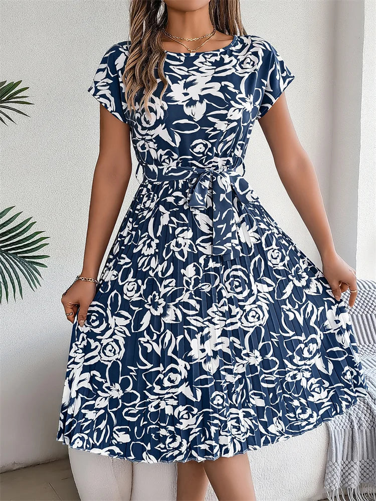 Msfilia Summer Print Pleated A Line Long Dress Women Short Sleeve High Waist Spring Round Neck Chic Dress With Belt