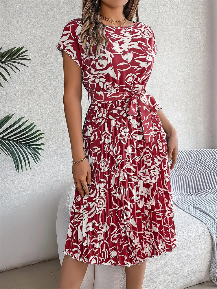 Msfilia Summer Print Pleated A Line Long Dress Women Short Sleeve High Waist Spring Round Neck Chic Dress With Belt